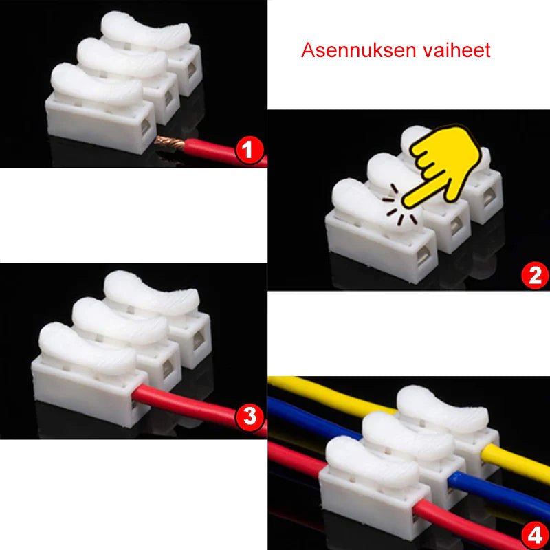 "Ammattimainen johtoliitin-setti: korkea laatu, paloturvallinen muovi, helppo käyttö. Sopii 5mm²-2.5mm² johdot."