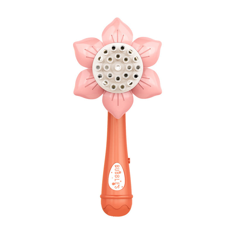 Auringonkukan muotoinen lasten kuplakone, 23-reikäinen sininen lelu, sisä- ja ulkoleikkeihin, paristokäyttöinen.