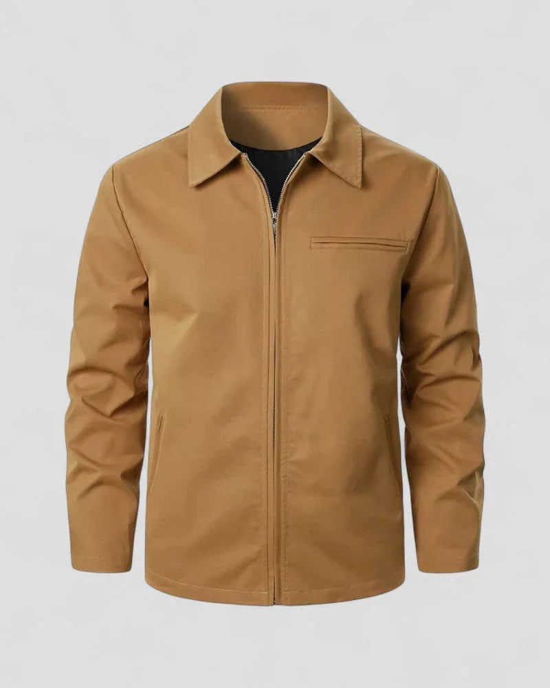 "Miesten kevyt tuulenpitävä takki, minimalistinen design, urbaani tyyli, strukturoitu kaulus, harmaa sävy, etunäkymä."