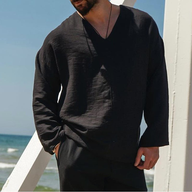 "Tyylikäs miesten pellavajäljitelmäpaita, V-kaula-aukko, pitkät hihat, rento istuvuus, kesäkäyttöön."