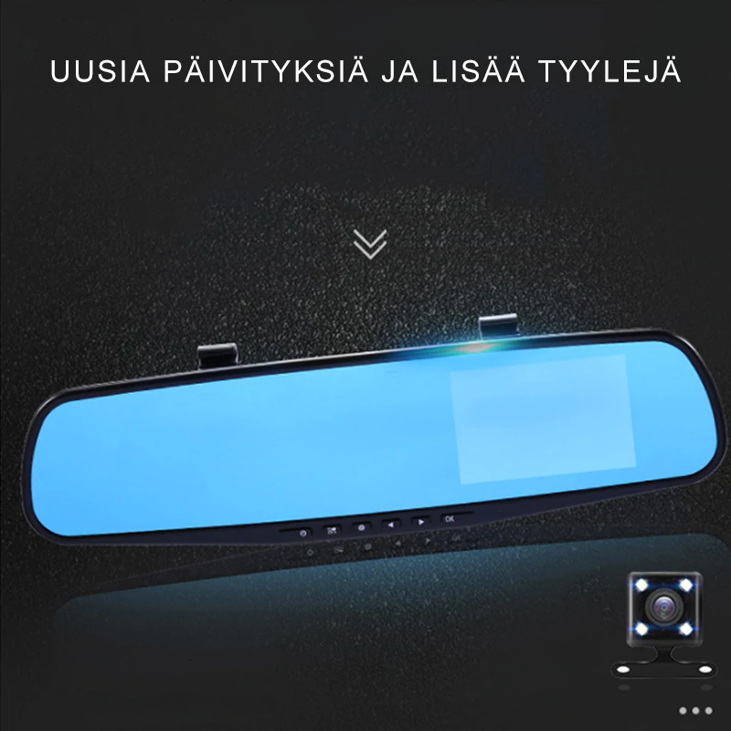 "1080P Full HD ajotallennin kosketusnäytöllä, laajakulmakamera edessä ja takana, tyylikäs musta muotoilu."