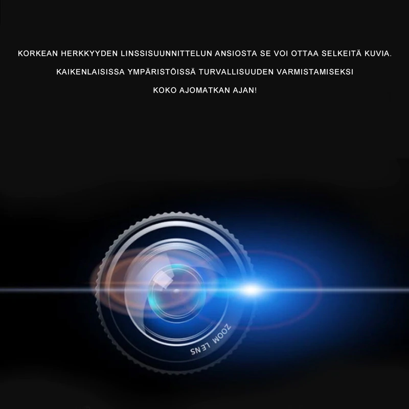 "1080P Full HD ajotallennin kosketusnäytöllä, laajakulmakamera edessä ja takana, tyylikäs musta muotoilu."