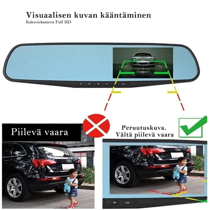 "1080P Full HD ajotallennin kosketusnäytöllä, laajakulmakamera edessä ja takana, tyylikäs musta muotoilu."