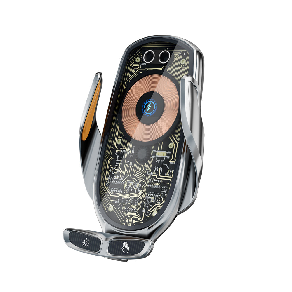 "15W langaton auton puhelinteline infrapuna-antureilla, hopea väri; 360 asteen kääntö, edullinen pikalataus."