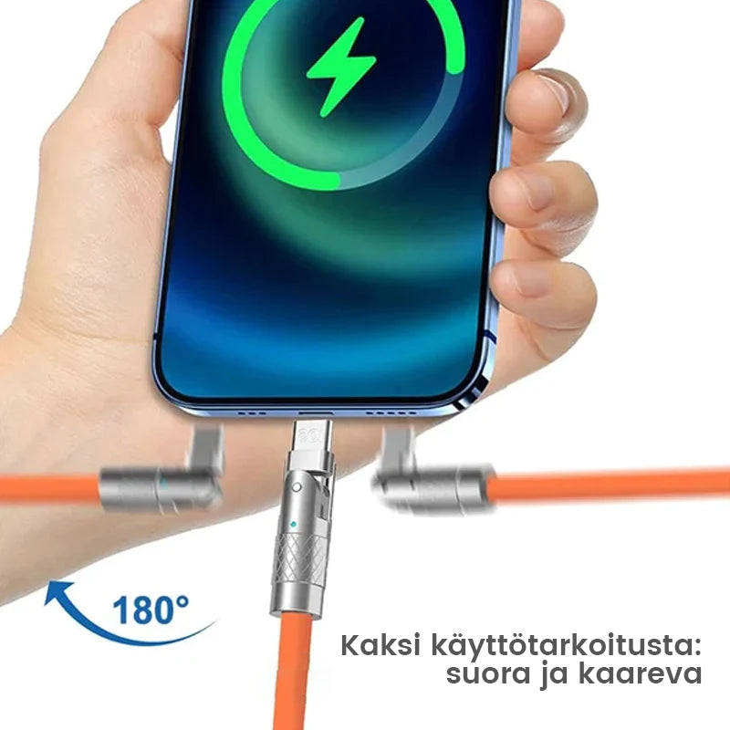 "180° kääntyvä pikalatauskaapeli, kestävä rakenne, USB-C, iPhone liitännät, musta, sininen, oranssi, pituus 1.8m"