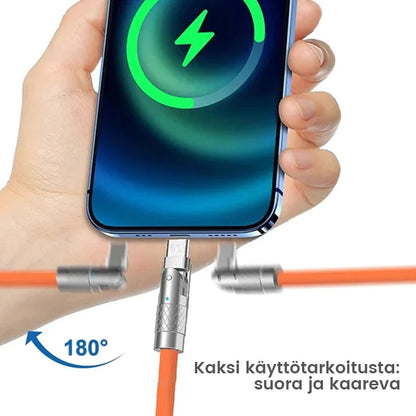 "180° kääntyvä pikalatauskaapeli, kestävä rakenne, USB-C, iPhone liitännät, musta, sininen, oranssi, pituus 1.8m"