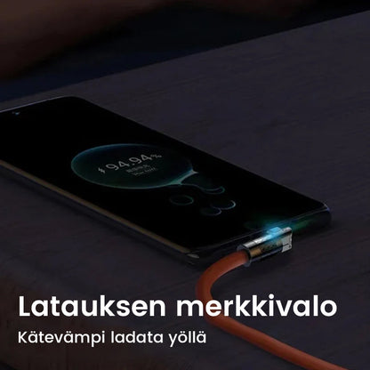 "180° kääntyvä pikalatauskaapeli, kestävä rakenne, USB-C, iPhone liitännät, musta, sininen, oranssi, pituus 1.8m"