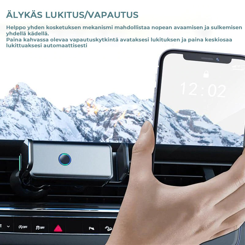 "360-asteinen älykäs puhelinpidike autoon, musta, säädettävä ja helppo asentaa, minimalistinen muotoilu"