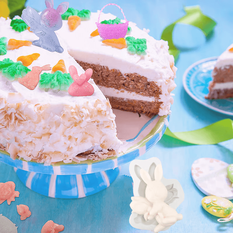 "3D-pääsiäisleivonnaiset silikonimuotit pupun ja muna muotoja, värikäs silikonimateriaali, persoonallinen leivonta."