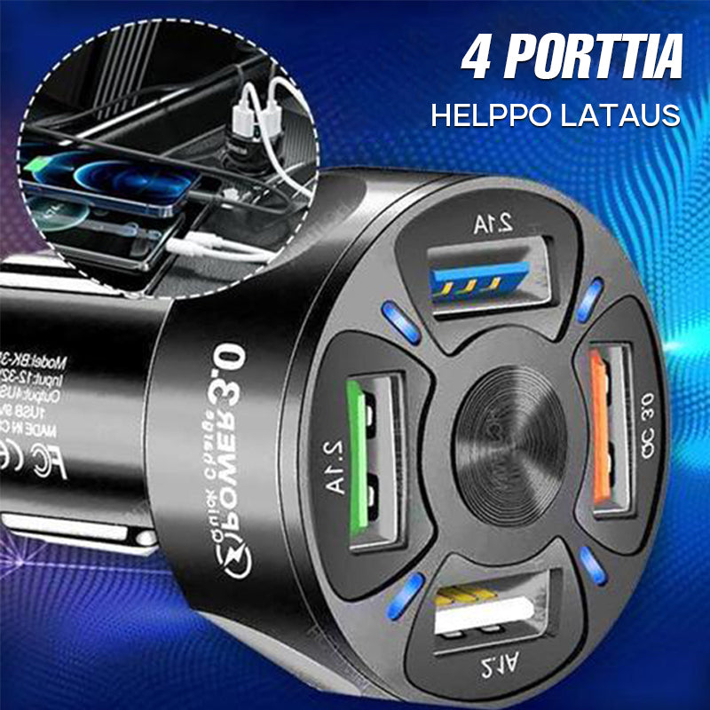 "4-in-1 USB-pikalatausportti autolaitteille, musta/valkoinen, neljä porttia, LED-näyttö, tehokas lataus, moderni muotoilu."