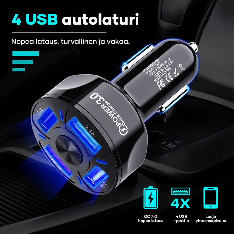 "4-in-1 USB-pikalatausportti autolaitteille, musta/valkoinen, neljä porttia, LED-näyttö, tehokas lataus, moderni muotoilu."