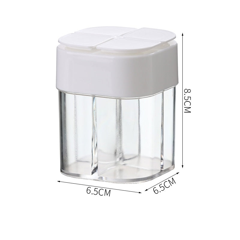 "4-in-1 maustepurkki, neljä lokeroa, läpinäkyvä; keittiöön ja BBQ-käyttöön; kompakti, kätevä säilytysratkaisu"