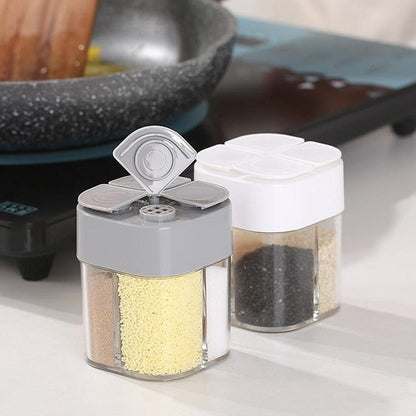 "4-in-1 maustepurkki, neljä lokeroa, läpinäkyvä; keittiöön ja BBQ-käyttöön; kompakti, kätevä säilytysratkaisu"