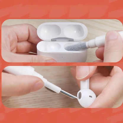 5-in-1 monikäyttöinen puhdistaja näppäimistöille ja kuulokkeille, sisältää pehmeitä nailonharjaksia ja kaksipäisen rakenteen.