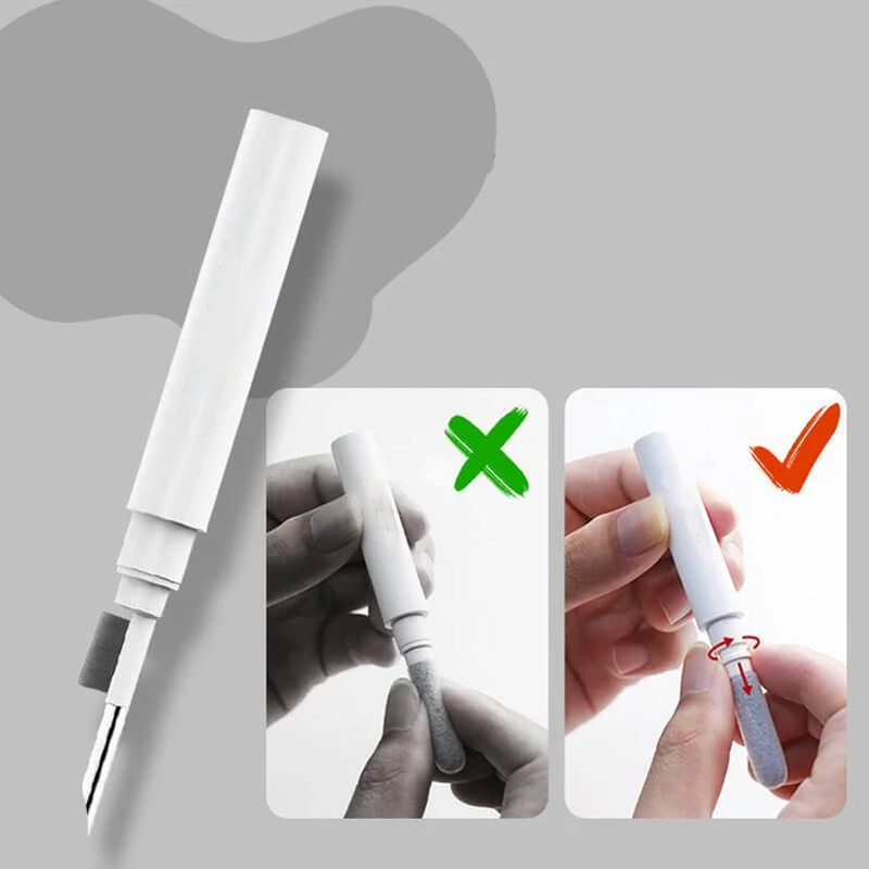 5-in-1 monikäyttöinen puhdistaja näppäimistöille ja kuulokkeille, sisältää pehmeitä nailonharjaksia ja kaksipäisen rakenteen.