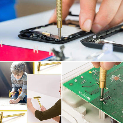 "6-in-1 monitoiminen kuparivasara, kultainen viimeistely, kompakti työkalun kuva, täydellinen käsityöläisille."