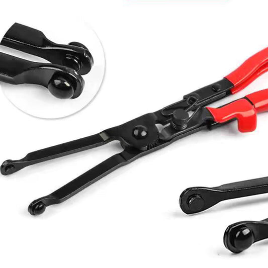 Ammattikäyttöön letkunkiristinpihdit, korkeahiilistä terästä, kestävä musta pinnoite, ergonominen muotoilu, lukitusmekanismi.