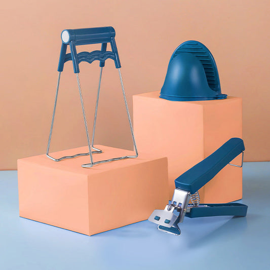 Anti-scalding klipsisarja, turvallinen ote kuumista astioista, ergonominen muotoilu, sininen ja vaaleanpunainen väri.