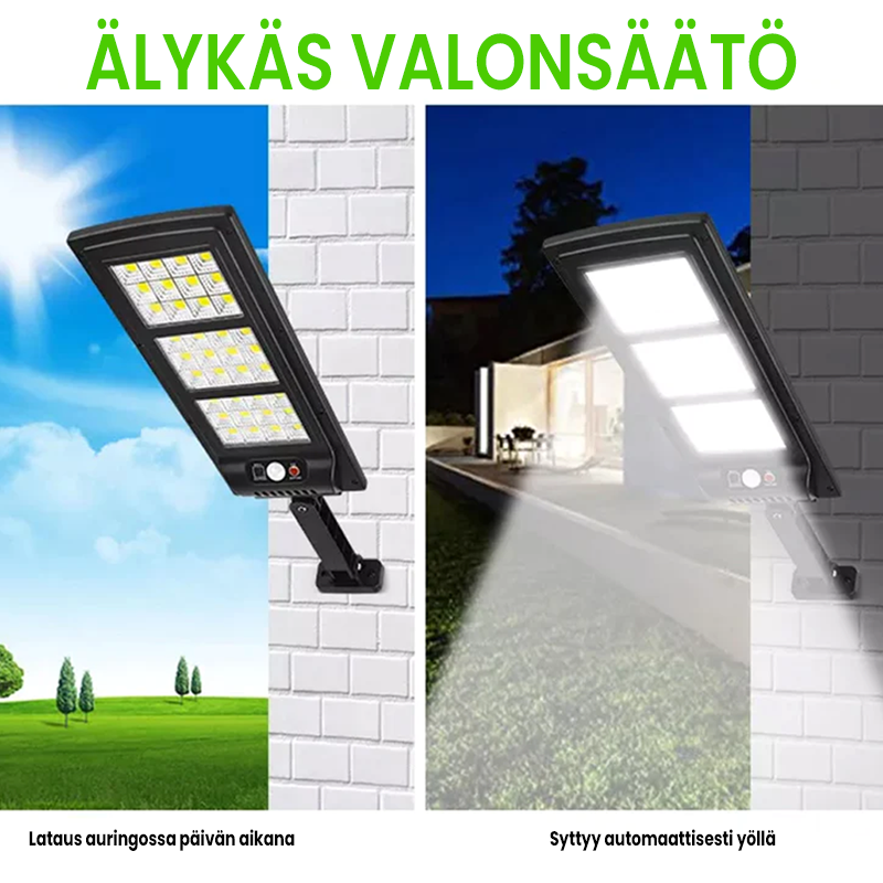 Aurinkoenergialla toimiva, kauko-ohjattava led-katuvalo; tyylikäs, kestävä muotoilu ulkokäyttöön.
