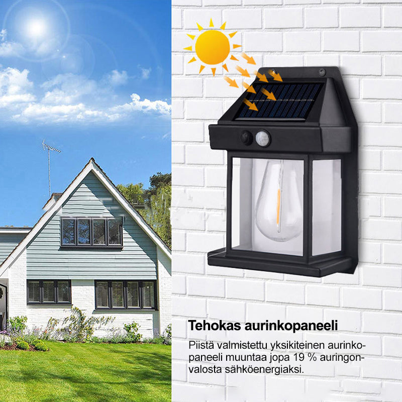 Aurinkoenergialla toimiva ulkoseinävalaisin, musta, moderni, IP65-suojattu, tyylikäs, säänkestävä, helppo asennus.
