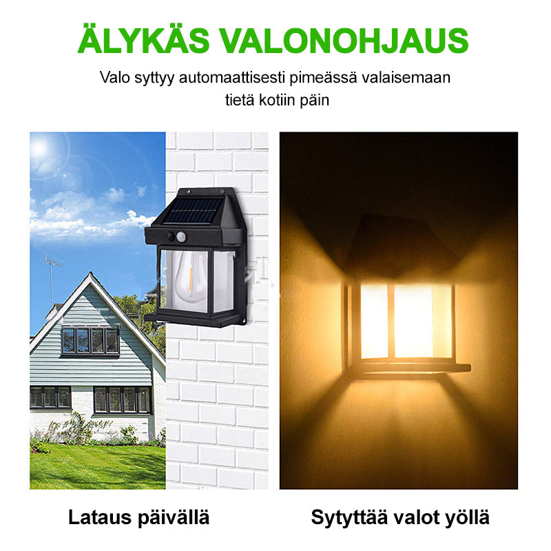 Aurinkoenergialla toimiva ulkoseinävalaisin, musta, moderni, IP65-suojattu, tyylikäs, säänkestävä, helppo asennus.