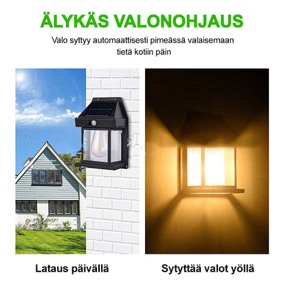Aurinkoenergialla toimiva ulkoseinävalaisin, musta, moderni, IP65-suojattu, tyylikäs, säänkestävä, helppo asennus.