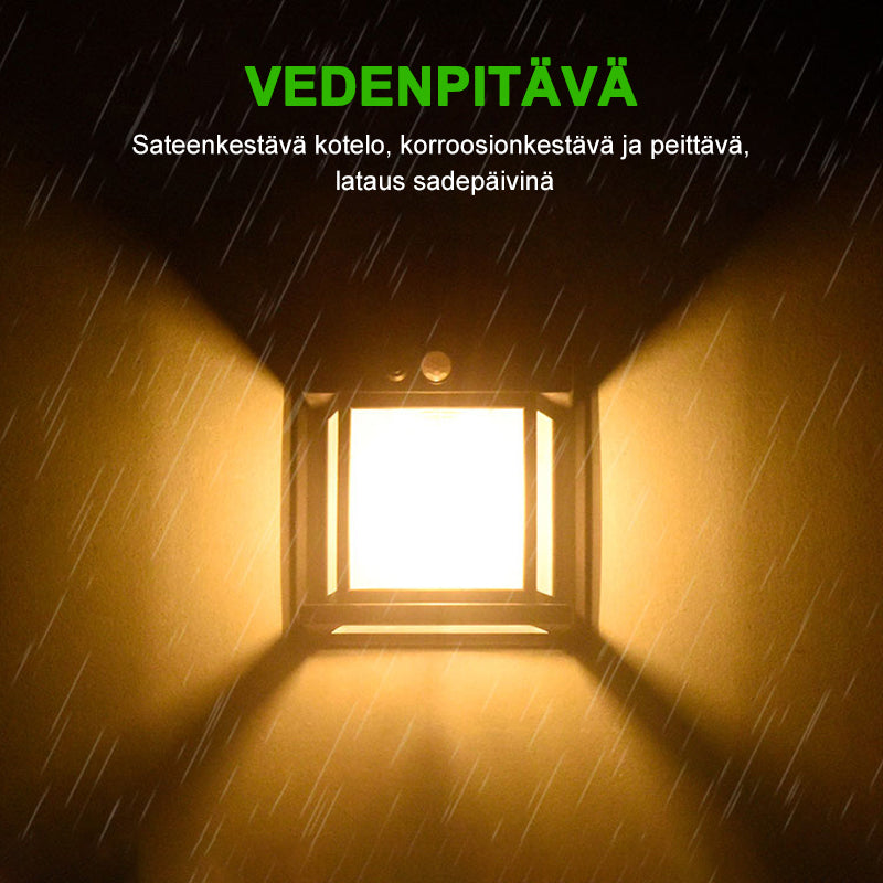 Aurinkoenergialla toimiva ulkoseinävalaisin, musta, moderni, IP65-suojattu, tyylikäs, säänkestävä, helppo asennus.