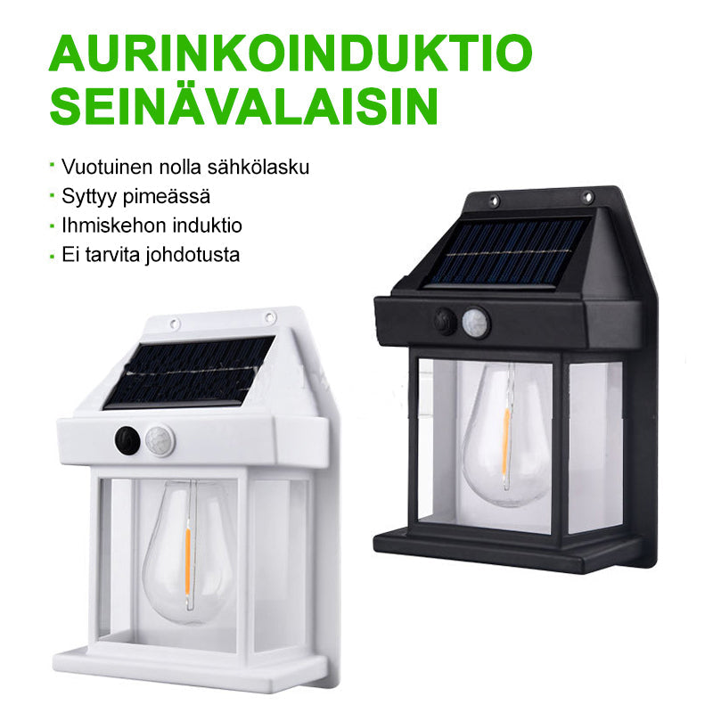 Aurinkoenergialla toimiva ulkoseinävalaisin, musta, moderni, IP65-suojattu, tyylikäs, säänkestävä, helppo asennus.