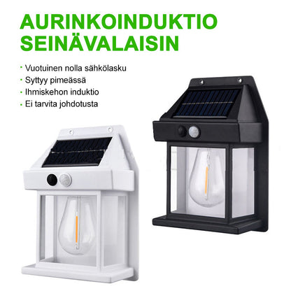 Aurinkoenergialla toimiva ulkoseinävalaisin, musta, moderni, IP65-suojattu, tyylikäs, säänkestävä, helppo asennus.