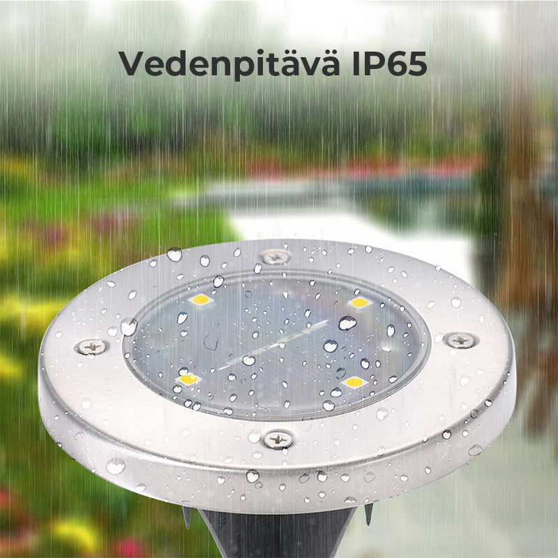 "Aurinkoenergialla toimivat LED-polkuvalot puutarhaan, hopeinen runko, lämpimän valkoiset LEDit, istutettuna nurmikolle."