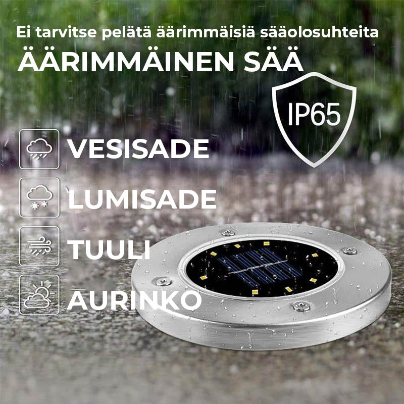 "Aurinkoenergialla toimivat LED-polkuvalot puutarhaan, hopeinen runko, lämpimän valkoiset LEDit, istutettuna nurmikolle."
