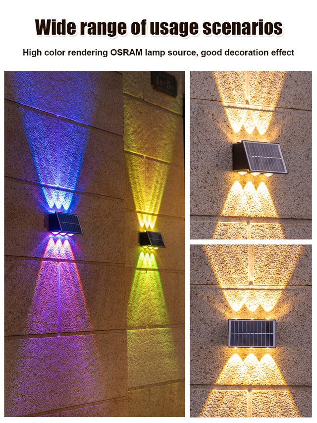 Aurinkokäyttöinen ulkoseinävalo, 4/6 LED, lämmin/keltainen/valkoinen valo, tyylikäs ja ympäristöystävällinen ratkaisu.