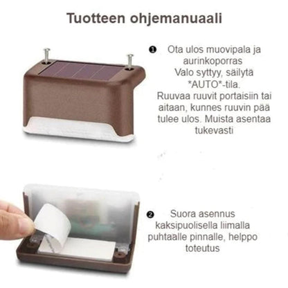 "Aurinkovoimainen musta terassivalo, lämmintä sävyä, vesitiivis, moderni muotoilu ulkokäyttöön."