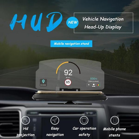 "Auto Head-Up-näyttö ja langaton laturi, joka heijastaa navigoinnin tuulilasiin ja lataa puhelinta 10 W teholla."