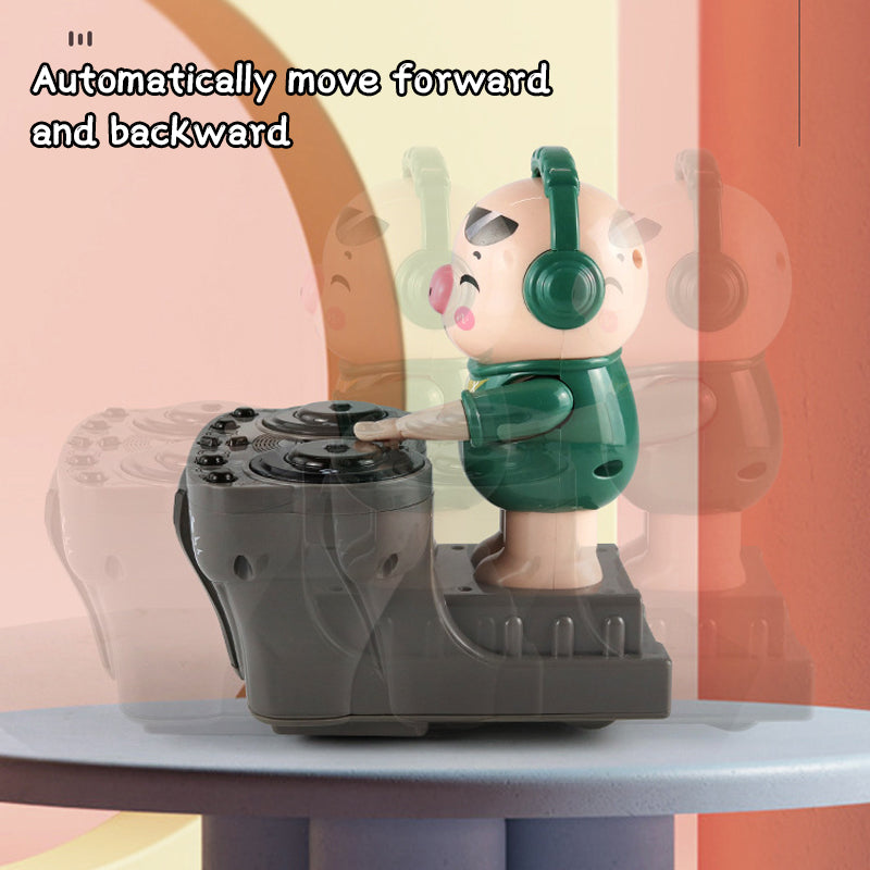 "DJ-keinuva possulelu tanssii pörröisenä värikkäissä valoissa, luoden iloa ja musiikkirytmejä lapsille ja ystäville."