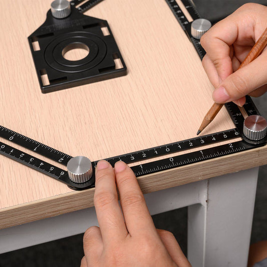 "Hopeanvärinen alumiininen kulmanmittausviivotin, säädettävät varret, laserkaiverretut tuuma- ja senttimittaukset, DIY-työkal