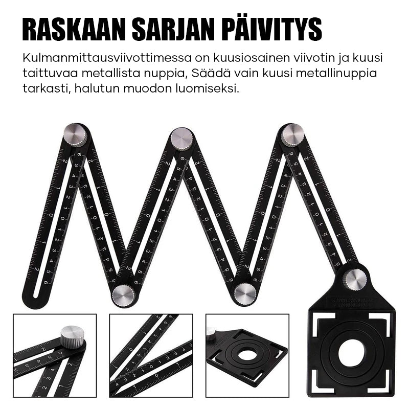 "Hopeanvärinen alumiininen kulmanmittausviivotin, säädettävät varret, laserkaiverretut tuuma- ja senttimittaukset, DIY-työkal