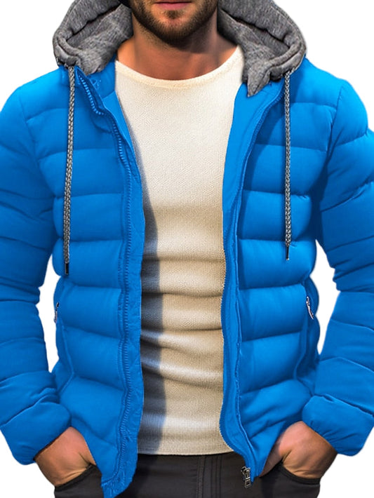 Kevyt miesten talvitakki, jossa vetoketjuhuppu ja kiristysnauhat, tyylikäs ja lämmin design.