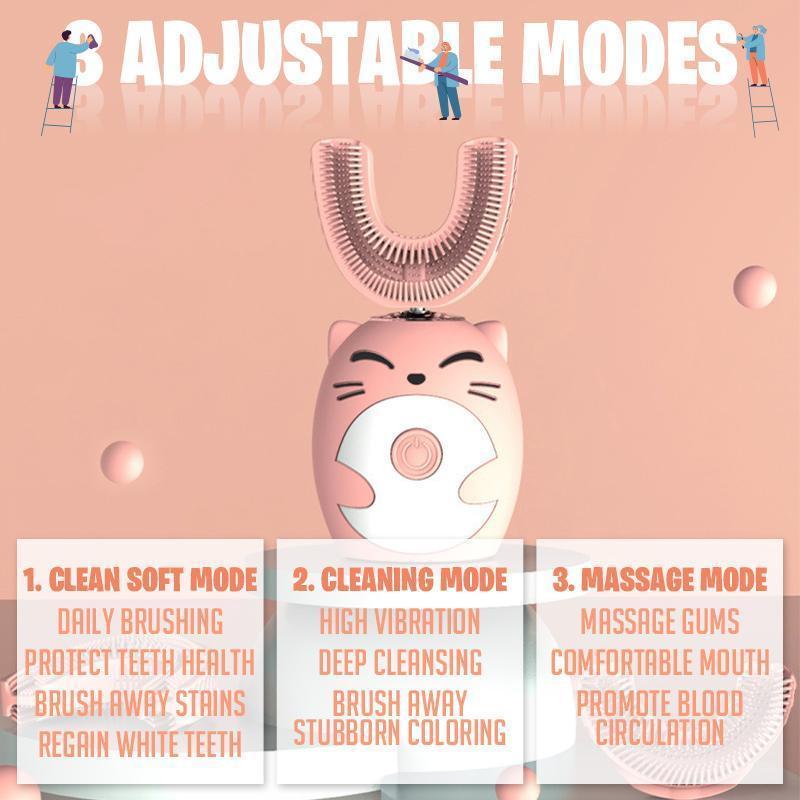 "Lasten U-muotoinen sähköhammasharja, sarjakuvateemalla, värikäs, söpö kuviointi, pehmeä silikoniharja herkille hampaille."