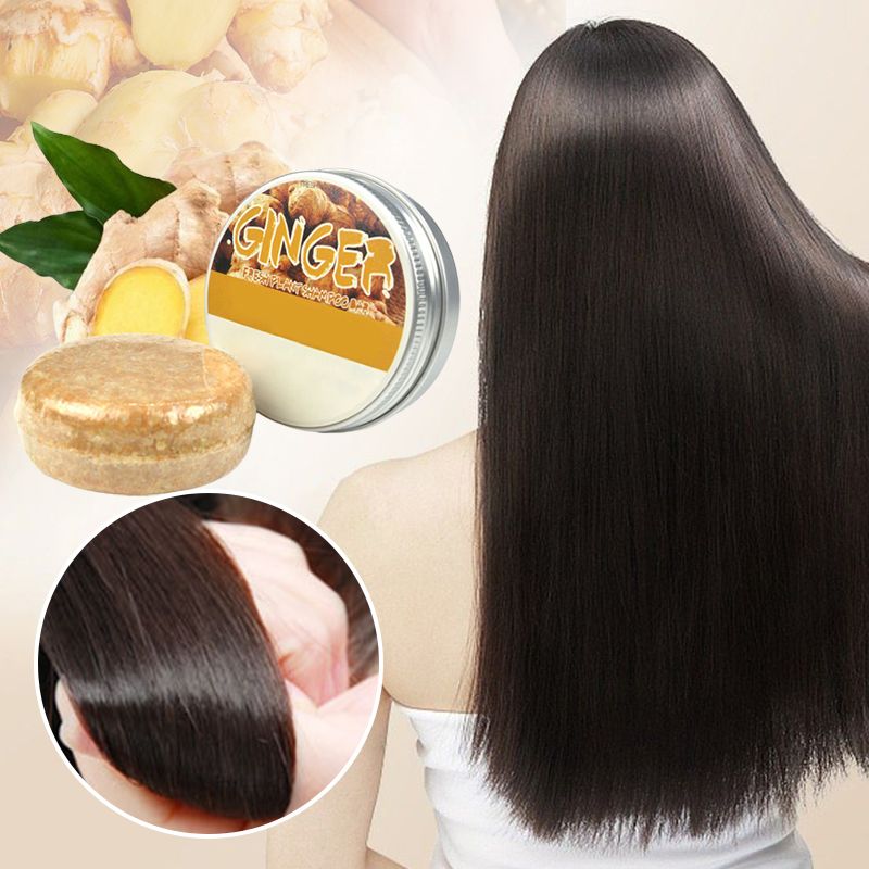 Luonnollinen yrttishampoo palamuodossa, vihreä, kasvuun ja hoitoon, ympärillä yrttejä ja kukkia.