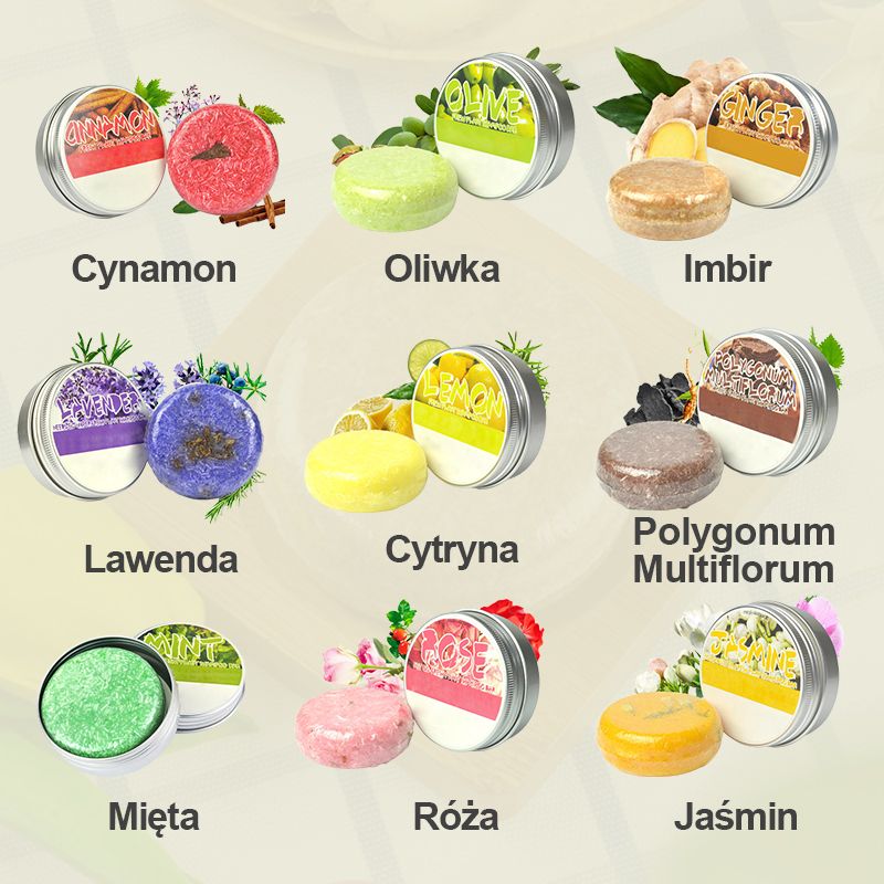 Luonnollinen yrttishampoo palamuodossa, vihreä, kasvuun ja hoitoon, ympärillä yrttejä ja kukkia.