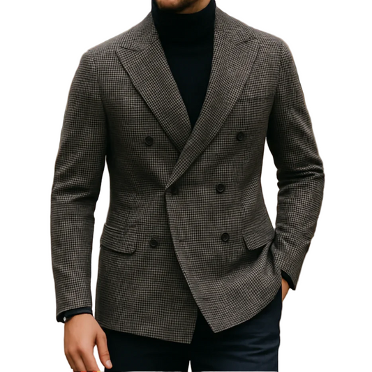 "Miesten bleiseri, harmaa ja ruskea, istuva leikkaus, viralliseen tai rentoon tyyliin, tyylikäs ilme ja hienot yksityiskohdat