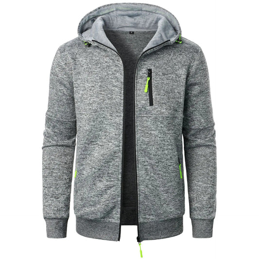 "Miesten harmaa urheilu hupullinen takki, hengittävää materiaalia, sporttiset yksityiskohdat, rento tyyli treeneihin."