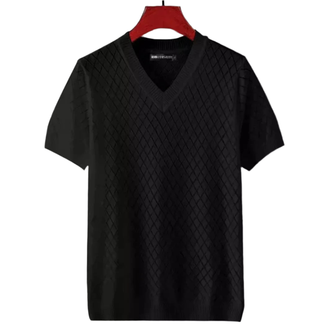 "Miesten jäätävästä silkistä tehty kevyt, hengittävä V-aukkoinen T-paita, sileä sininen materiaali, moderni istuvuus."