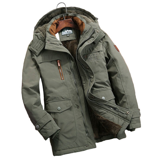 "Miesten säänkestävä takki hupulla ja taskuilla, vuorattu malli rentoon ulkoiluun, tummansininen."