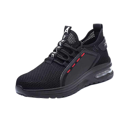 Miesten turvakengät teräskärjellä ja hengittävällä päällisellä, sporttinen ja moderni muotoilu, musta mesh ja kumipohjat.