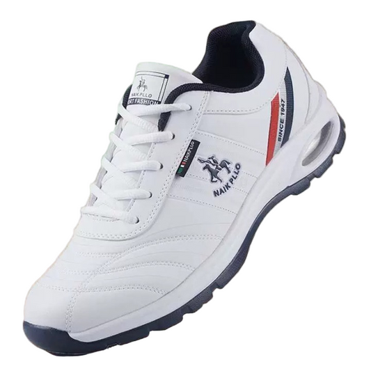 "Miesten tyylikkäät nahkalenkkarit, musta tai valkoinen, moderni muotoilu, ajaton ilme, mukavuus ja kestävyys."