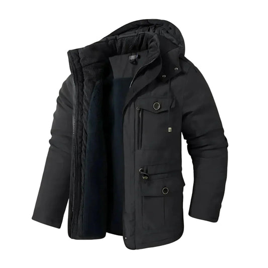 "Miesten vedenpitävä talviparka edestä, irrotettava huppu ja fleecevuori, talvitakki kaupungille ja retkille."