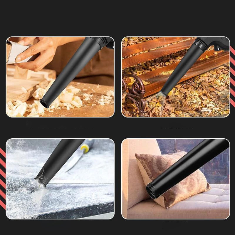 "Monikäyttöinen 2-in-1-imuri ja puhallin, helppo kiinnitys kulmahiomakoneeseen, ergonominen kahva ja paranneltu ilmaputki."