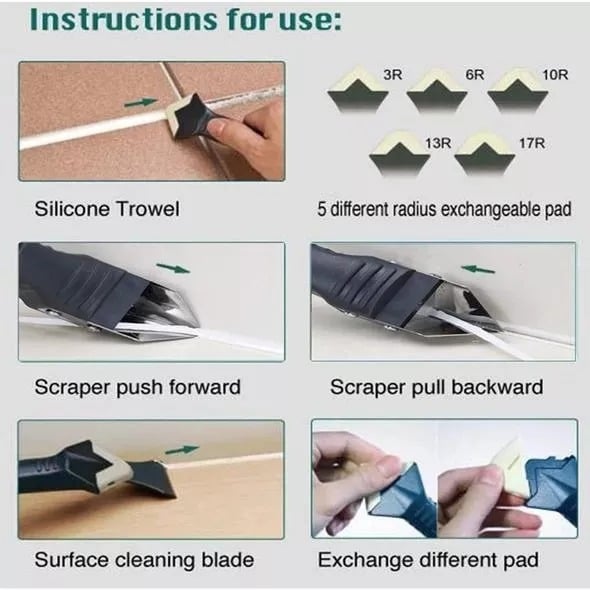 "Monikäyttöinen 3-in-1 tiivistystyökalu, jossa ergonominen kahva ja vaihdettavat terät, täydellinen tiivistämiseen."